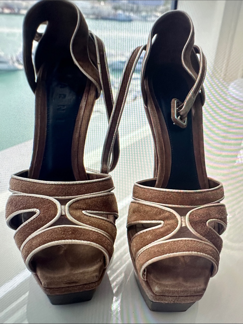 Marni Brown Suede Platform Sandals with Cream Trim